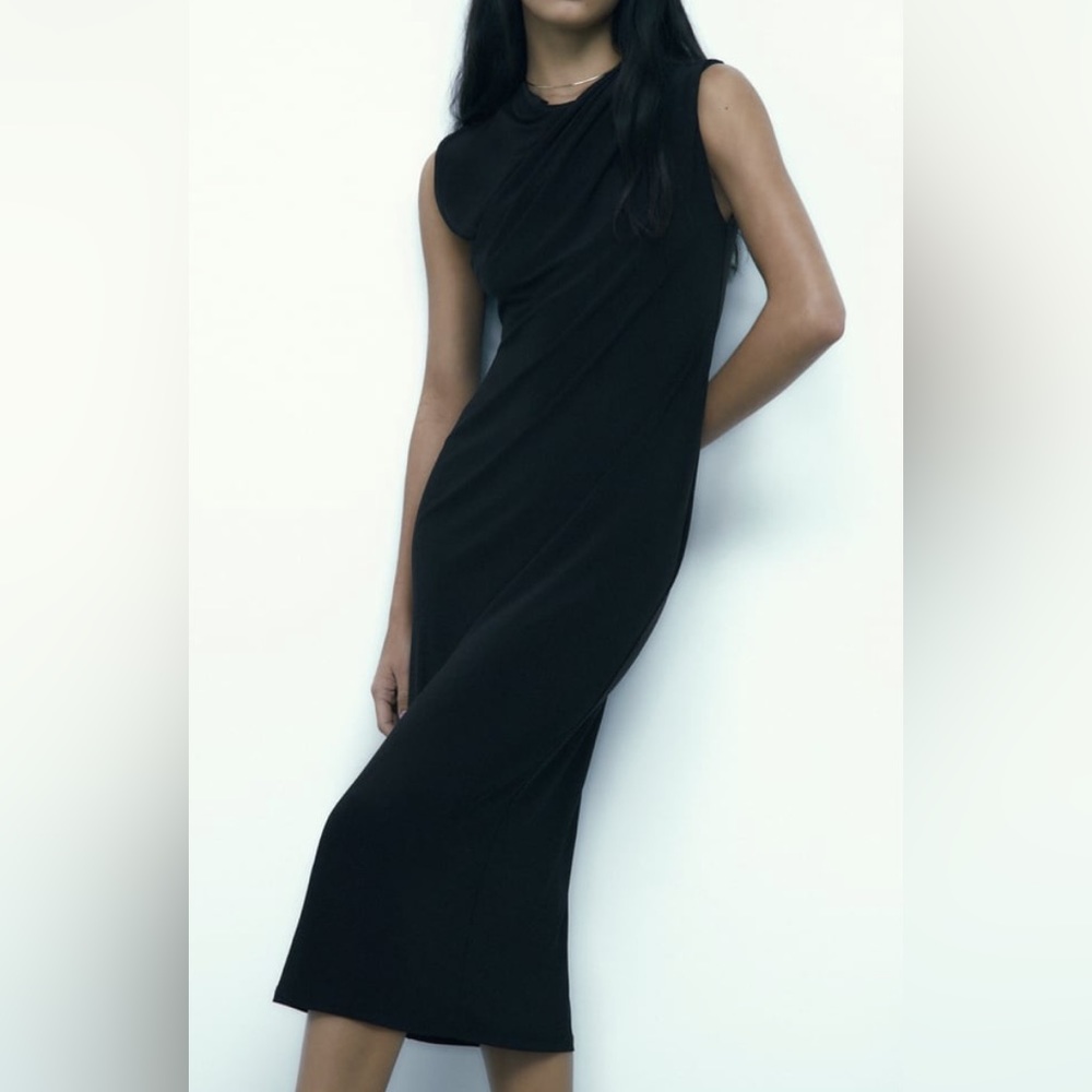 Zara Draped Midi Dress - Black - Small - NWT